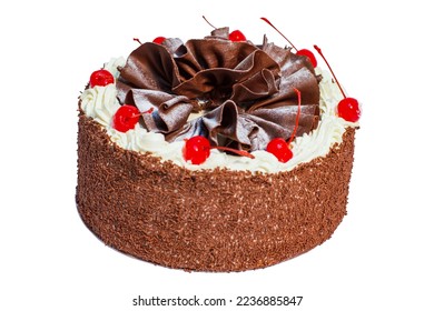 Blackforest torte, traditional German torte of chocolate sponge, Kirsch scented, garnished with whipped cream, chocolate flakes and Maraschino cherries, selective focus, isolated - Powered by Shutterstock