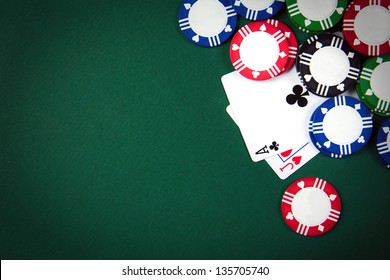 Blackjack playing cards and casino poker chips