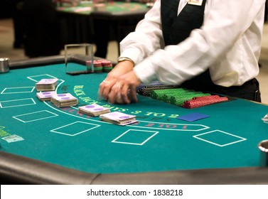 Blackjack Table At The Casino, Dealer Shifting Cards