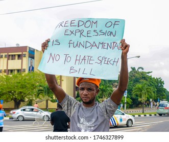 A Blackman Holds Up A Placard In Support Of Freedom Of Expression And Social Media Usage During The Anti Hate Speech Protest In Lagos, Nigeria, November 28, 2019