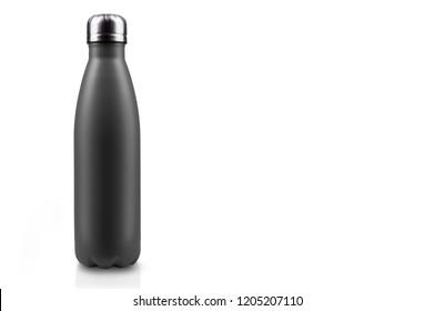 Black-matte, empty stainless thermo water bottle close-up isolated on white background. Studio photography