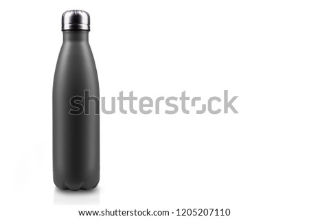 Black-matte, empty stainless thermo water bottle close-up isolated on white background. Studio photography