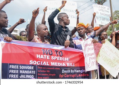 A Blackmen Hold Up A Banner In Support Of Freedom Of Expression And Social Media Usage During The Anti Hate Speech Protest In Lagos, Nigeria, November 28, 2019