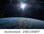 The blackness of space surrounds the. Earthrise with sun in the sky. Blue planet. Alien planet with blue atmosphere, nebula, and stars. Earth and moon. Elements of this image furnished by NASA
