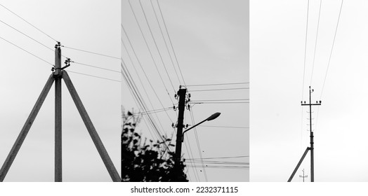 Blackout – power grid overloaded. Blackout concept. Earth hour. Burning flame candle and power lines on background. Energy crisis. Banner design black and white. - Shutterstock ID 2232371115