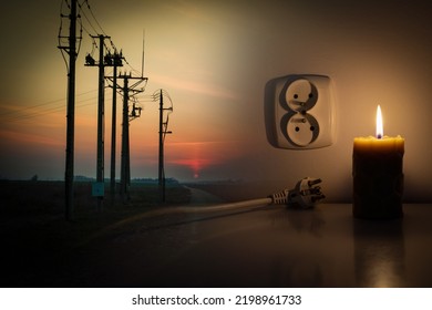 Blackout, Power Poles In The Dark Sky,  Power Cut - No Electricity, The Flame Of A Candle, Circuit Breaker, Electrical Outlet Plug