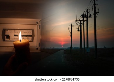 Blackout, Power Poles In The Dark Sky,  Power Cut - No Electricity, The Flame Of A Candle, Circuit Breaker, Electrical Outlet Plug