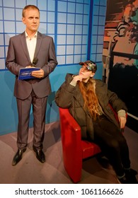 BLACKPOOL, JANUARY 14: Madame Tussauds Blackpool, UK 2018. Julia And Wax Figure Of Jeremy Kyle An English Television And Radio Presenter, Hosting The Tabloid Talk Show The Jeremy Kyle Show.