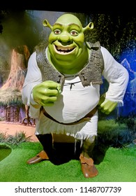 BLACKPOOL, JANUARY 14: Madame Tussauds, UK 2018. Shrek Is A Fictional Green Ogre Character Created By American Author William Steig. Shrek Is Voiced By Mike Myers.