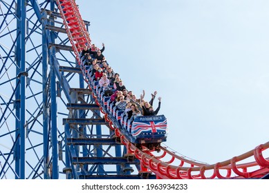 Blackpool , Lancashire-England - 25.04.2021 - Thrill seekers enjoying the Pepsi Max Big One rollercoaster ride