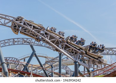 Blackpool , Lancashire-England - 25.04.2021 - Thrill Seekers Enjoying The Icon Rollercoaster Ride