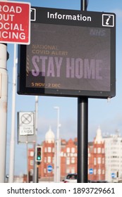 Blackpool, Uk, 05.05.2020 A National Cover Alert Stay At Home Digital Billboard Announcement Billboard Warning People To Stay At Home During The Pandemic. Big Brother Style Information Signs.