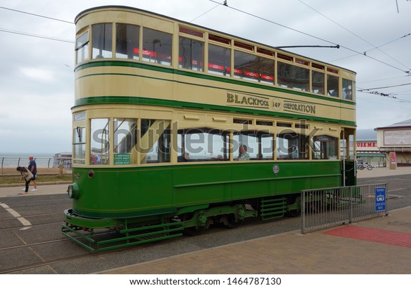 BLACKPOOL, UK-MAY 1, 2019: The Blackpool Tramway\
runs from Blackpool to Fleetwood in Lancashire, England. The line\
dates back to 1885 and is one of the oldest electric tramways in\
the world