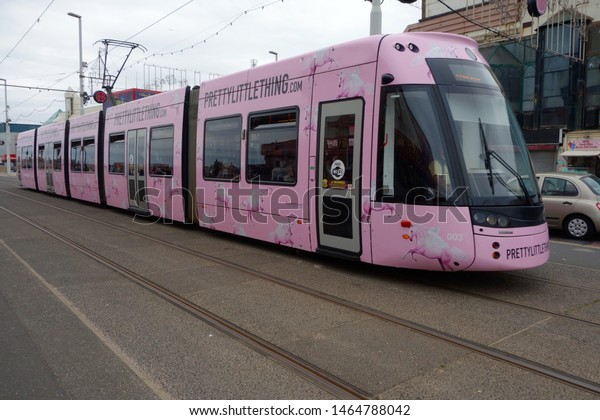 BLACKPOOL, UK-MAY 1, 2019: The Blackpool Tramway\
runs from Blackpool to Fleetwood in Lancashire, England. The line\
dates back to 1885 and is one of the oldest electric tramways in\
the world.