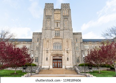 Blacksburg, USA - April 18, 2018: Historic Virginia Tech Polytechnic Institute And State University College Campus With Burruss Hall Facade Exterior In Spring, Nobody