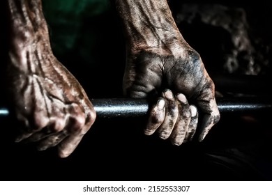 Blacksmith Furnace With Burning Coals, Tools, And Glowing Hot Metal Workpieces, Close-up