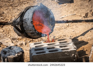 Blacksmith holding a hot crucible by the iron pliers from furnace and pouring the melting gold into the statue block. The process to making of metal statue in local Thailand traditional. - Powered by Shutterstock