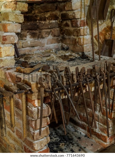 Blacksmith Tools Hanging Around Brick Fireplace Stock Photo Edit