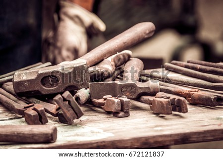 A blacksmith tools ready for work, summer medieval fair, Streatham, London