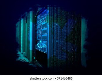Blade server close-up in series of mainframes data center witht art design