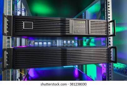 Blade server close-up, supercomputer, mainframe hosting computer. 
