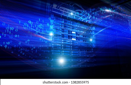 Blade server in rack cluster hard drives storage tapes in internet data center room motion binary - Powered by Shutterstock