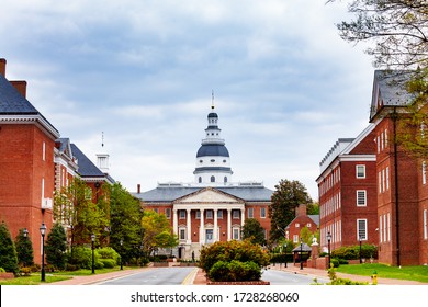 Bladen street over Maryland State House capitol building and site of many historic events build in 1779 Annapolis MA, USA