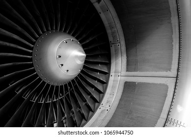 Blades of an aircraft engine close-up. Travel and aerospace concept. Black and white filter