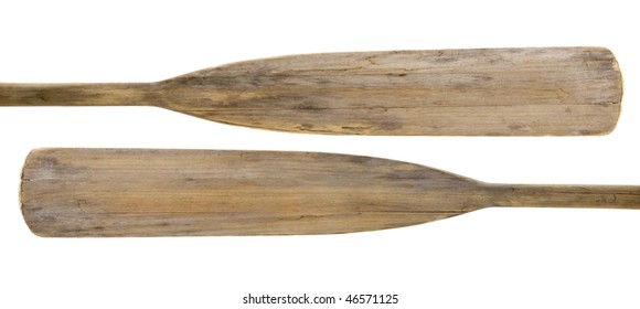 blades of old wooden weathered paddles (oars) with stains and cracks, isolated on white - Shutterstock ID 46571125