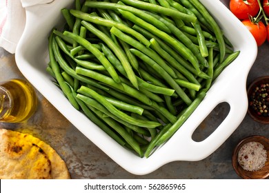 Blanched Green Beans In A Baking Dish, Healthy Side Dish