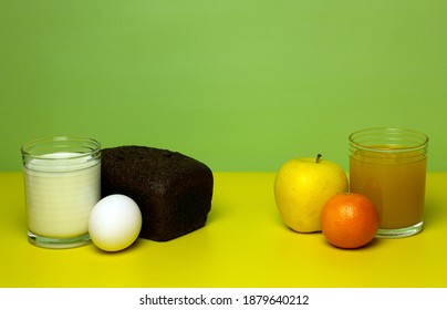 Bland Diet: Milk, Bread, Eggs, Juice, Fruits. Weight Loss Concept. Copy Space.