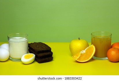 Bland Diet: Milk, Bread, Eggs, Juice, Fruits. Weight Loss Concept. Copy Space.