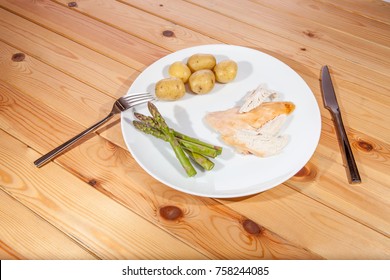 Bland Healthy Organic Chicken Dinner. Boring Low Calorie Diet Food. Quick Easy And Nutritional Lunch Served On A White Plate.