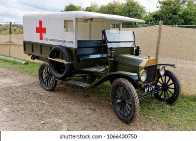 Blandford, Dorset, UK - September 5, 2015: A re-created Ford Model T Ambulance that was used by the British Army 1st Aid Nursing Yeomanry Corps in WW 1 pictured at the Great Dorset Steam Fair 2015