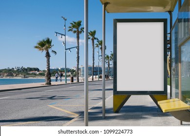 Blank Advertisement In A Bus Stop, Next To The Sea