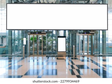 Blank advertising banner, billboard mockup in generic modern interior retail environment. Large digital display screen, an out-of-home OOH media display space