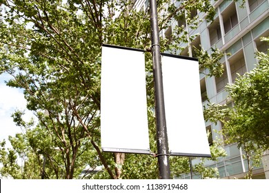 The Blank Advertising Banner Suspended On The Street Lamp Pole With The Tree And Building Facade Background.