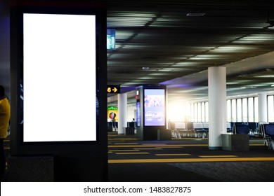 Blank Advertising Billboard At Airport,Mock Up Poster Media Template Ads Display In Subway Station Escalator 