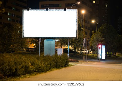 Blank Advertising Billboard In The City At Night.