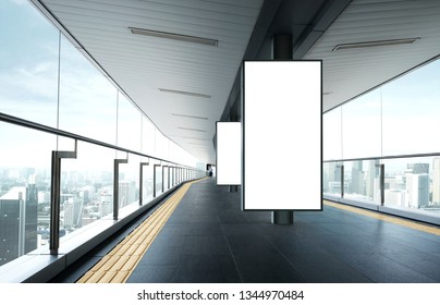 Blank Advertising Billboard In The Modern Public Corridor, Mockup Poster Media Template Ads Display In Modern Pedestrian Bridge.