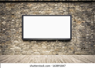 Blank Advertising Light Box In The Old Brick Wall For Your Advertisement