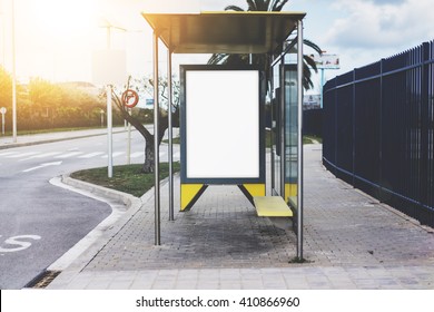 Blank Advertising Light Box On The Bus Stop, Mock-up Of Empty Ad Billboard On The Bus Station, Flare Light, Visual Effects