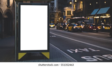 Blank Advertising Light Box On Bus Stop, Mockup Of Empty Ad Billboard On Night Bus Station, Template Banner On Background City Street For Poster Or Sign, Afisha Board And Headlights Of Taxi Cars
