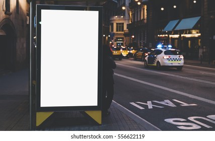 Blank Advertising Light Box On Bus Stop, Mockup Of Empty Ad Billboard On Night Bus Station, Template Banner On Background City Street For Poster Or Sign, Afisha Board And Headlights Of Taxi Cars
