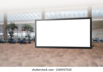 Blank Advertising Poster Banner Mockup In Modern Airport Retail Environment; Large Digital Lightbox Display Screen. Billboard, Poster, Out-of-home OOH Media Display Space