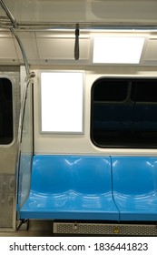 Blank Advertising Sign Board And Television Screen Inside Of Subway. Empty And Blue Seat Inside Of Subway. 