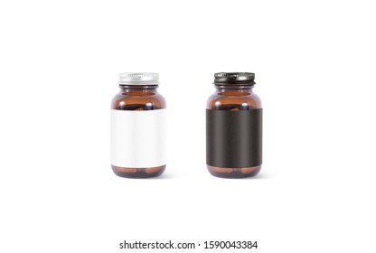 Blank Amber Glass Pill Can With Black And White Label Mockup Set. Empty Transparent Jar With Vitamin Or Painkiller Mock Up Isolated, Front View. Clear Medicament Box With Sticker Mokcup Template.