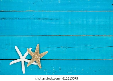 Blank antique rustic teal blue wood sign with gold and white starfish border; blank  beach holiday sign with painted copy space