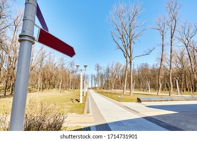 Blank arrow direction indicator on a background of trees on a sunny day