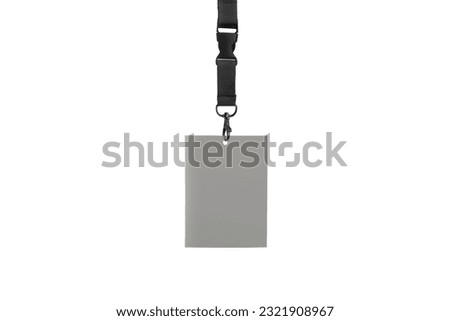 Blank badge with drawstring mockup isolated on white background. Top view, Id card with lanyard. Blank plastic access card, name tag holder with pin ribbon, corporate card key, 3d rendering.